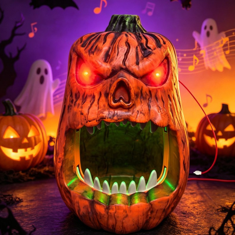 Halloween Pumpkin Decor Led - Halloween LED-verlichte pompoen snoepkom, stemgestuurde schedelgezichtslantaarn,