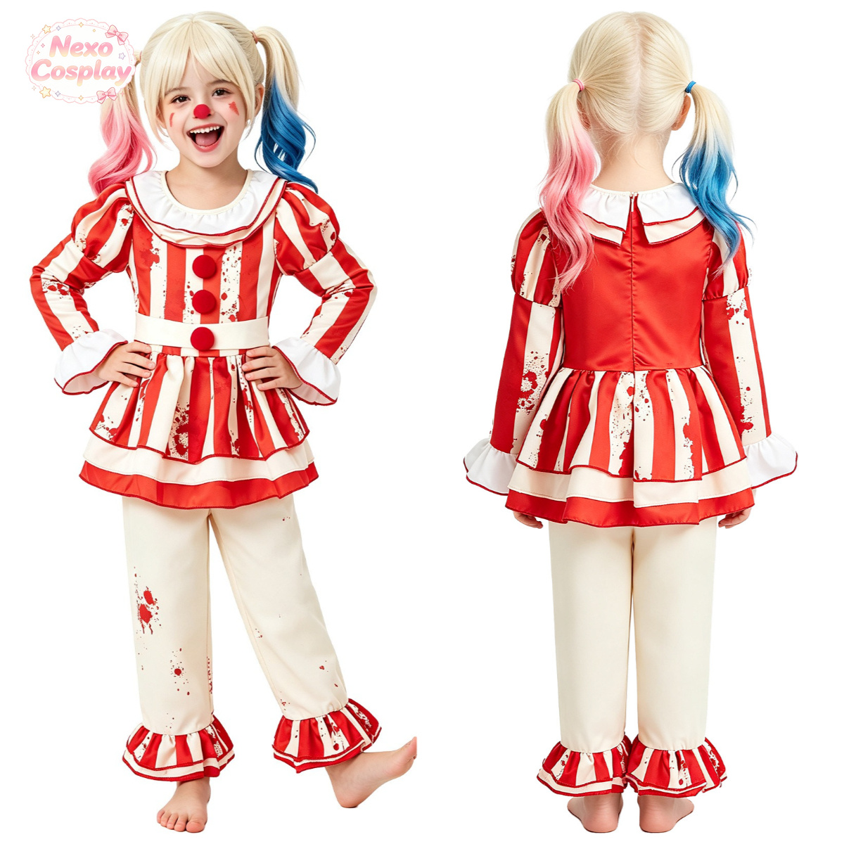 Halloween Costume Kids - Kinderen Rood Wit Gestreept Horror Clownpak